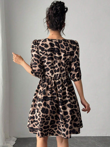 Women's Leopard Print Handmade 3D Floral Short Casual Dress