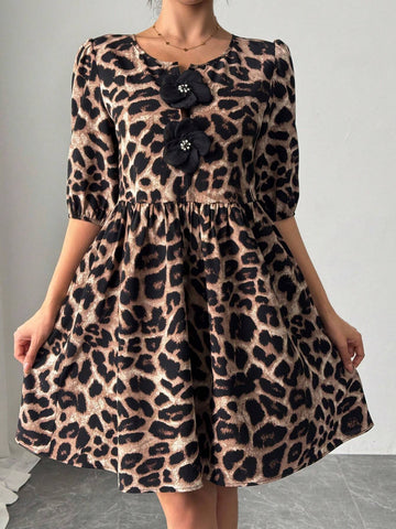 Women's Leopard Print Handmade 3D Floral Short Casual Dress