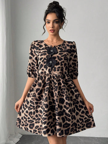 Women's Leopard Print Handmade 3D Floral Short Casual Dress