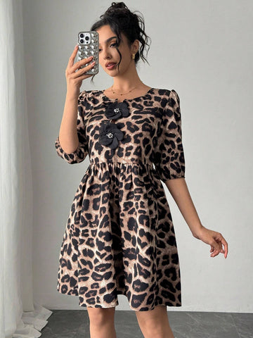 Women's Leopard Print Handmade 3D Floral Short Casual Dress