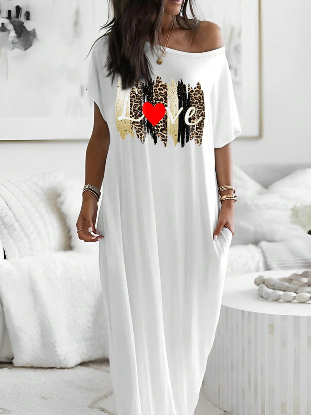 Women's Leopard Print Heart Patterned Long Casual Dress
