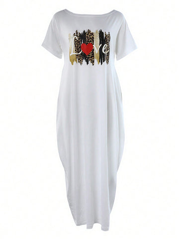 Women's Leopard Print Heart Patterned Long Casual Dress