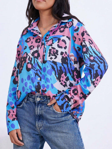 Women's Leopard Print Long Sleeve Single-Breasted Casual Shirt, Autumn