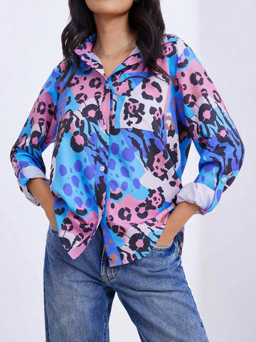 Women's Leopard Print Long Sleeve Single-Breasted Casual Shirt, Autumn