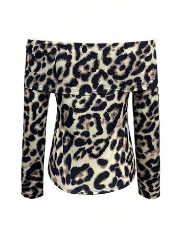 Women's Leopard Print Off-Shoulder Long Sleeve T-Shirt, Casual For Autumn