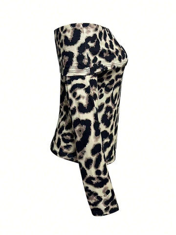 Women's Leopard Print Off-Shoulder Long Sleeve T-Shirt, Casual For Autumn