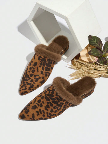 Women's Leopard Print Platform Slip-On Mules With Fluffy Lining, Comfortable & Warm