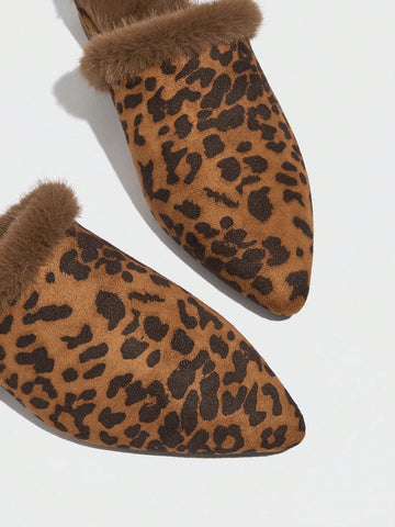 Women's Leopard Print Platform Slip-On Mules With Fluffy Lining, Comfortable & Warm