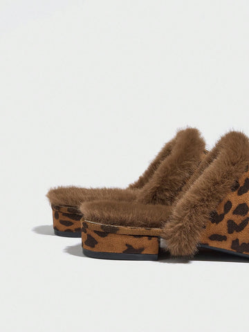 Women's Leopard Print Platform Slip-On Mules With Fluffy Lining, Comfortable & Warm
