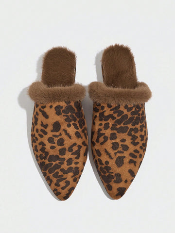 Women's Leopard Print Platform Slip-On Mules With Fluffy Lining, Comfortable & Warm