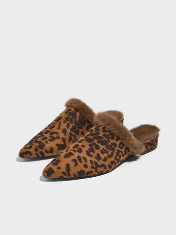 Women's Leopard Print Platform Slip-On Mules With Fluffy Lining, Comfortable & Warm