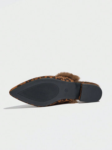 Women's Leopard Print Platform Slip-On Mules With Fluffy Lining, Comfortable & Warm