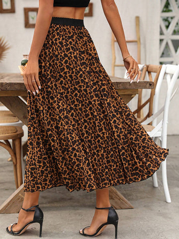 Women's Leopard Print Pleated Midi Skirt