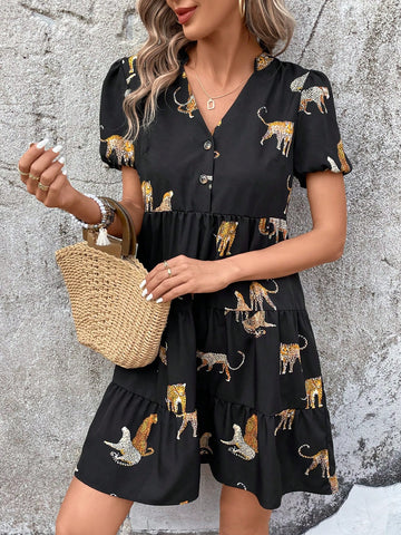 Women's Leopard Print Puff Sleeve Dress