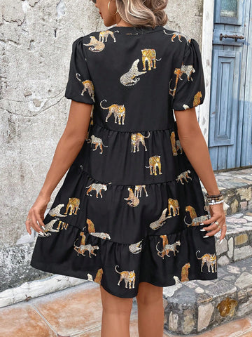 Women's Leopard Print Puff Sleeve Dress