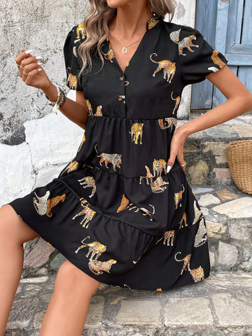 Women's Leopard Print Puff Sleeve Dress
