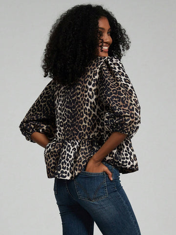 Women's Leopard Print Self-Tie Bow Lantern Sleeve Ruffle Hem Summer Blouse