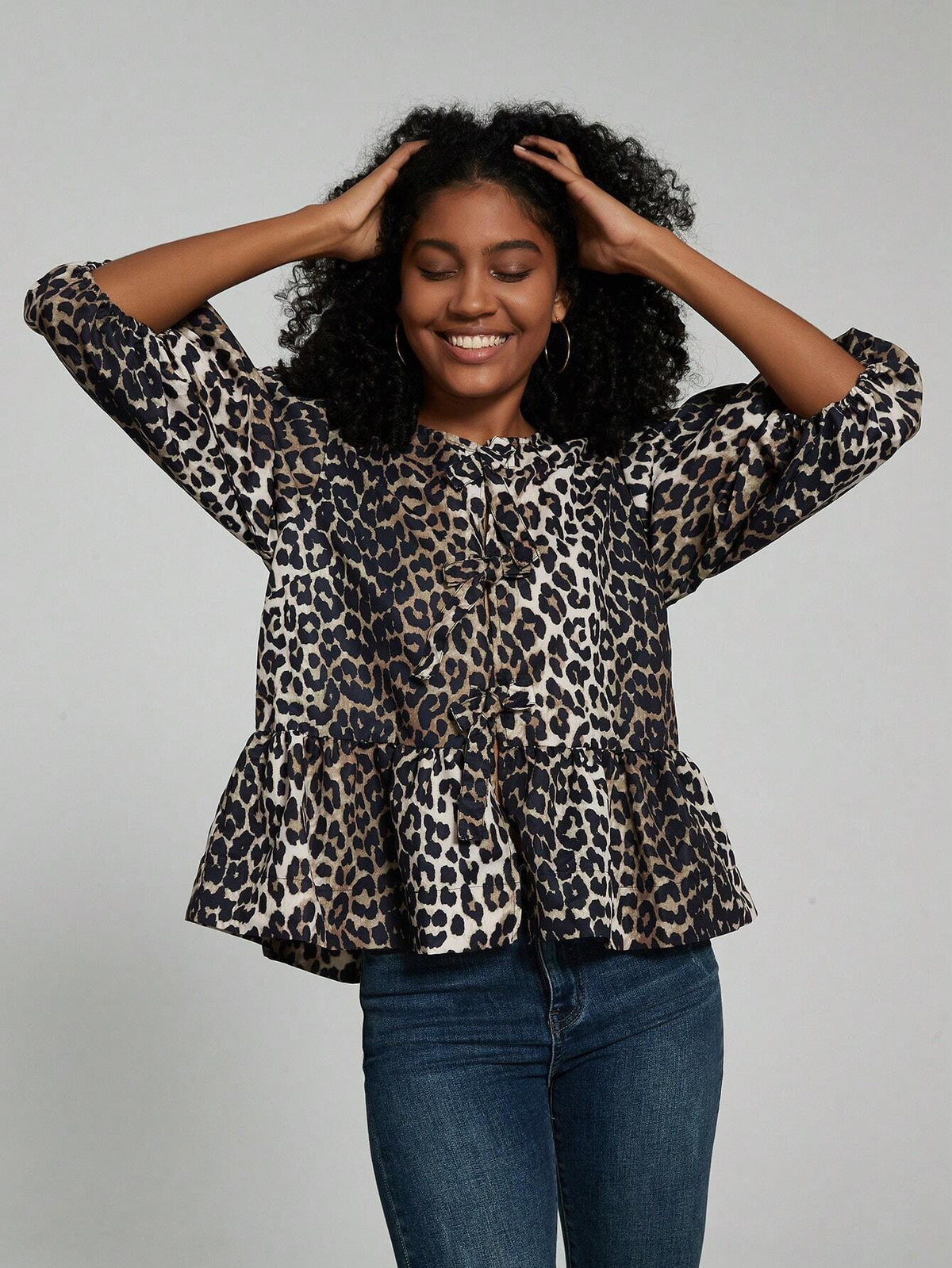 Women's Leopard Print Self-Tie Bow Lantern Sleeve Ruffle Hem Summer Blouse