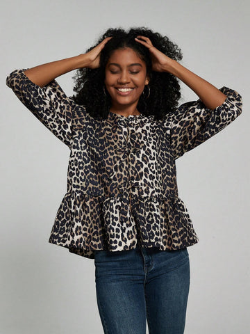 Women's Leopard Print Self-Tie Bow Lantern Sleeve Ruffle Hem Summer Blouse