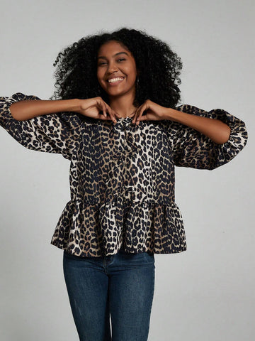 Women's Leopard Print Self-Tie Bow Lantern Sleeve Ruffle Hem Summer Blouse