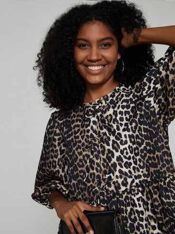 Women's Leopard Print Self-Tie Bow Lantern Sleeve Ruffle Hem Summer Blouse