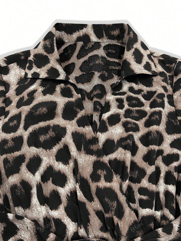 Women's Leopard Print Tie Waist Pocket Long Sleeve Casual Dress