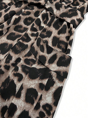 Women's Leopard Print Tie Waist Pocket Long Sleeve Casual Dress