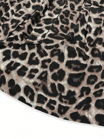 Women's Leopard Print Tie Waist Pocket Long Sleeve Casual Dress