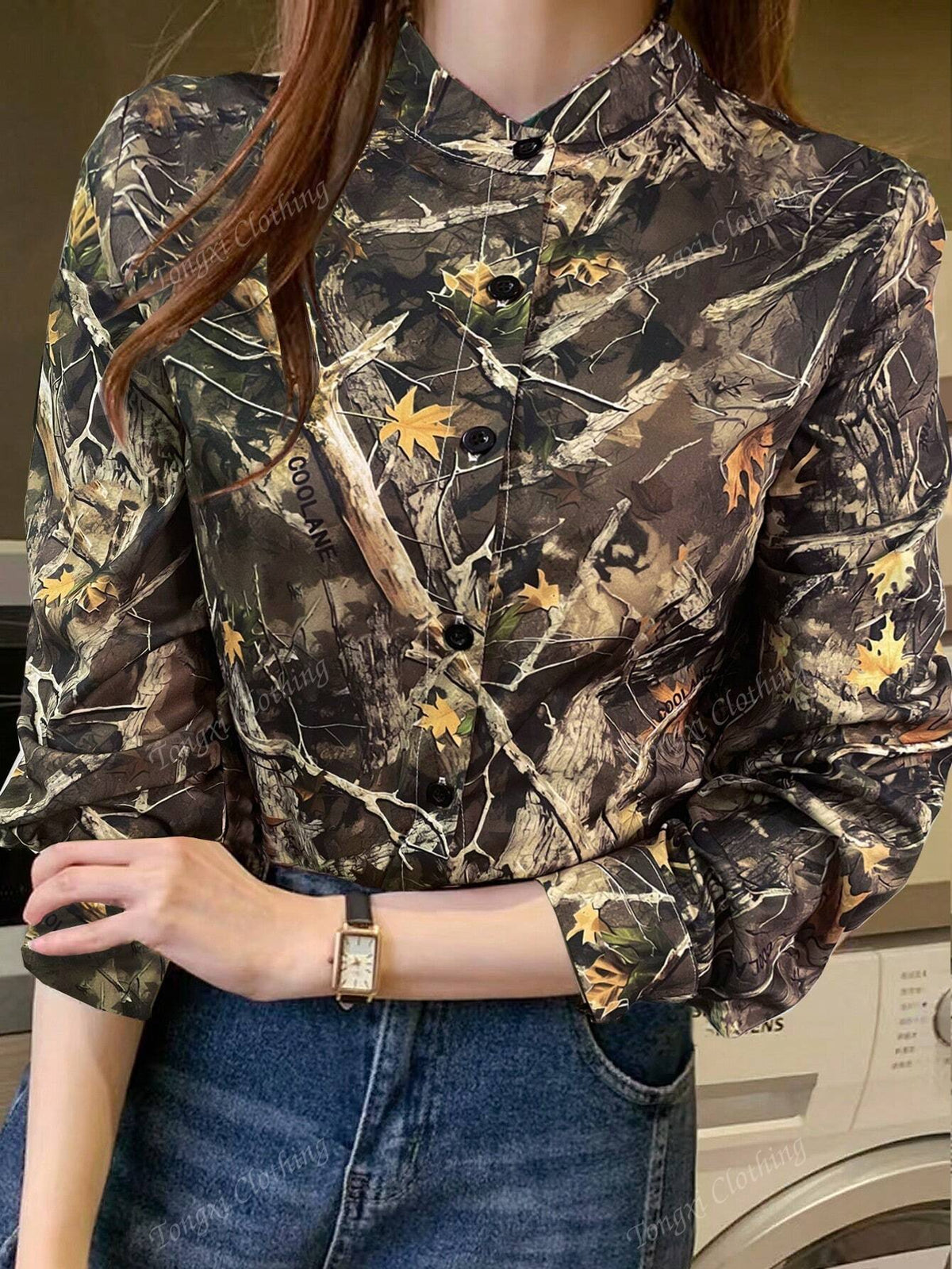 Women's Letter Print Front Button Down Casual Long Sleeve Shirt