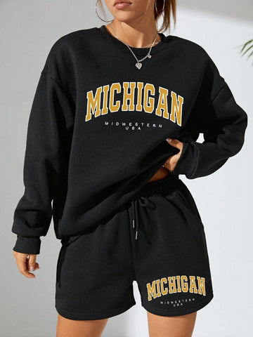 Women's Letter Printed Drop Shoulder Sweatshirt And Drawstring Waist Shorts 2pcs/set