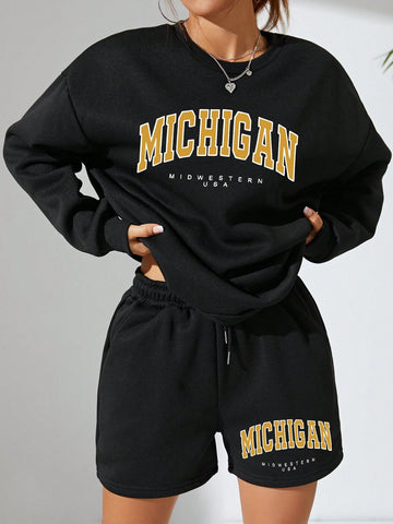 Women's Letter Printed Drop Shoulder Sweatshirt And Drawstring Waist Shorts 2pcs/set