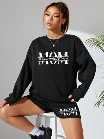 Women's Letter Printed Drop Shoulder Sweatshirt And Shorts Two Pieces Set