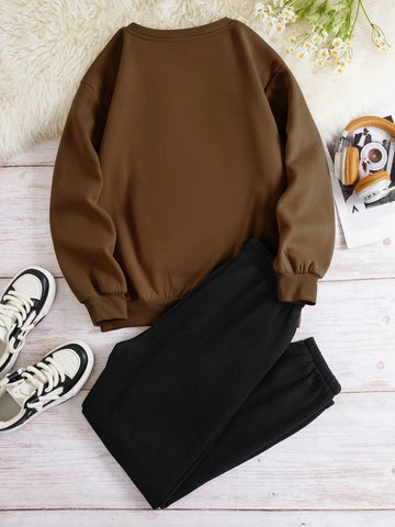 Women's Letter Printed Fleece Hoodie And Sweatpants Two Piece Set