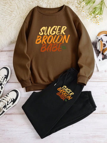 Women's Letter Printed Fleece Hoodie And Sweatpants Two Piece Set