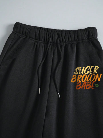 Women's Letter Printed Fleece Hoodie And Sweatpants Two Piece Set