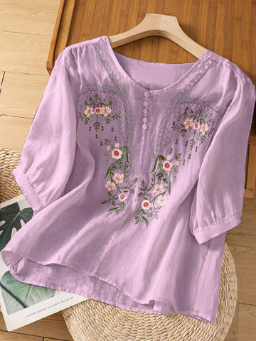 Women's Lightweight Boho Embroidered Round Neck Loose Casual Shirt, Spring/Summer
