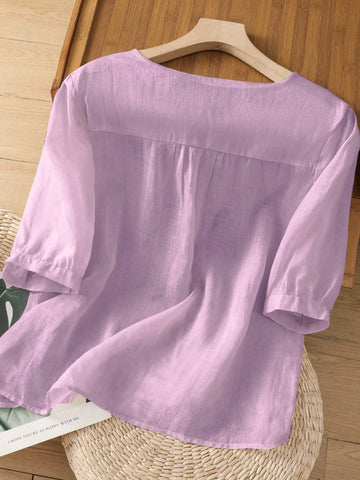 Women's Lightweight Boho Embroidered Round Neck Loose Casual Shirt, Spring/Summer