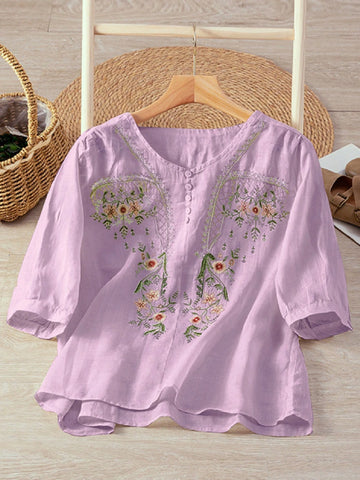 Women's Lightweight Boho Embroidered Round Neck Loose Casual Shirt, Spring/Summer