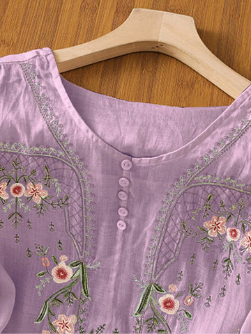 Women's Lightweight Boho Embroidered Round Neck Loose Casual Shirt, Spring/Summer