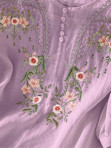 Women's Lightweight Boho Embroidered Round Neck Loose Casual Shirt, Spring/Summer