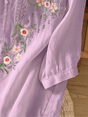 Women's Lightweight Boho Embroidered Round Neck Loose Casual Shirt, Spring/Summer