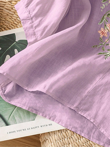 Women's Lightweight Boho Embroidered Round Neck Loose Casual Shirt, Spring/Summer