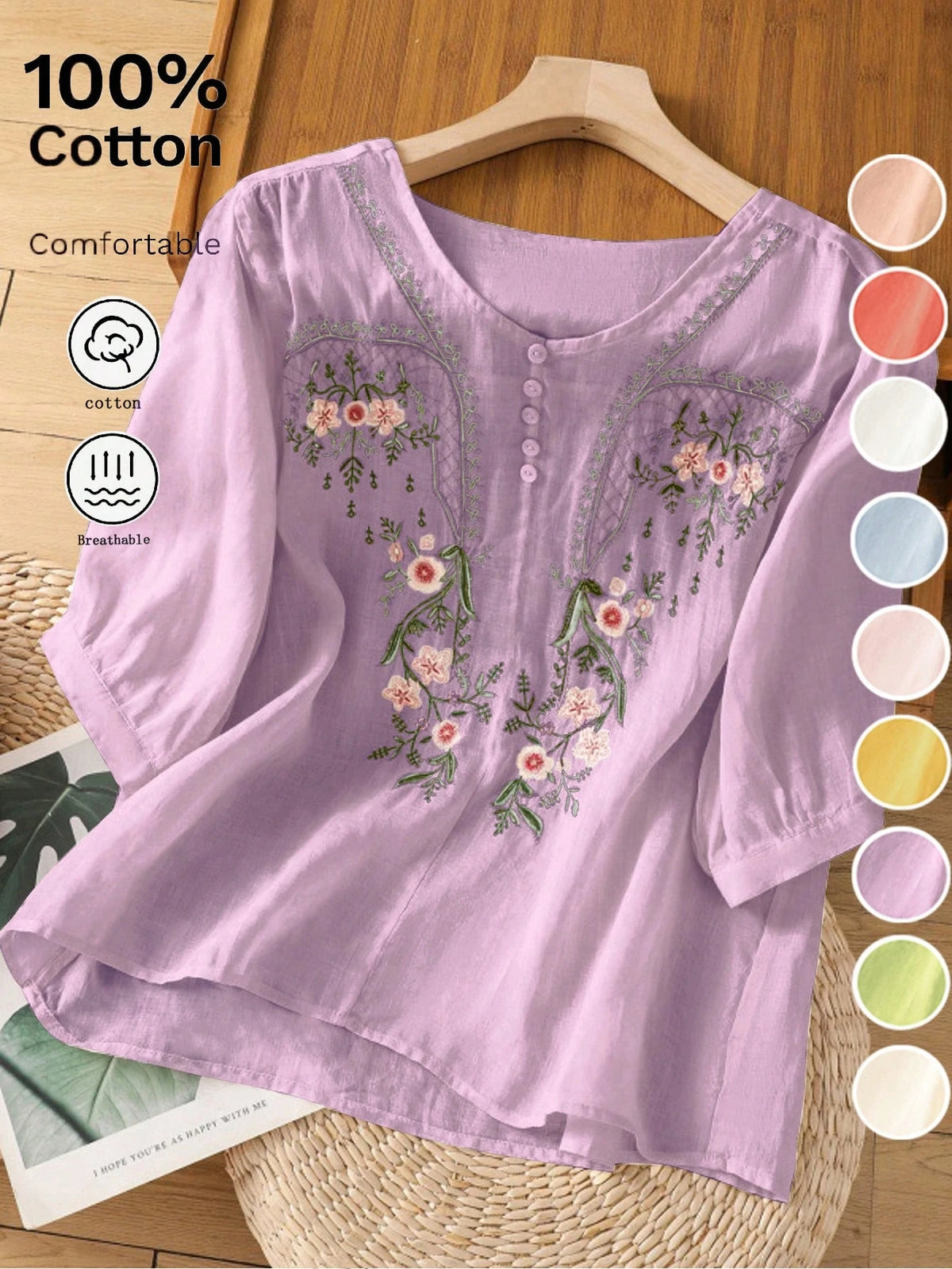 Women's Lightweight Boho Embroidered Round Neck Loose Casual Shirt, Spring/Summer