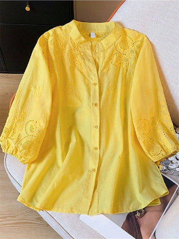 Women's Lightweight Semi-Sheer V-Neck Embroidered Cotton Blouse, Springtime