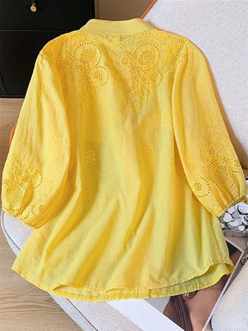 Women's Lightweight Semi-Sheer V-Neck Embroidered Cotton Blouse, Springtime