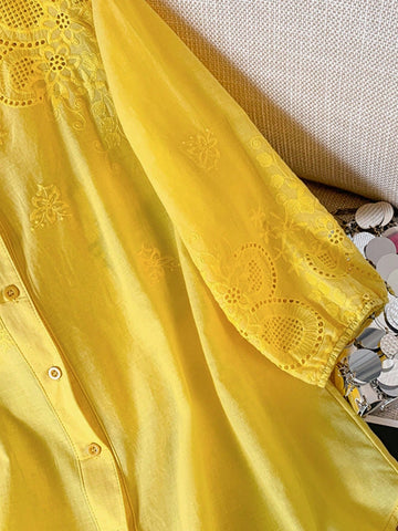 Women's Lightweight Semi-Sheer V-Neck Embroidered Cotton Blouse, Springtime