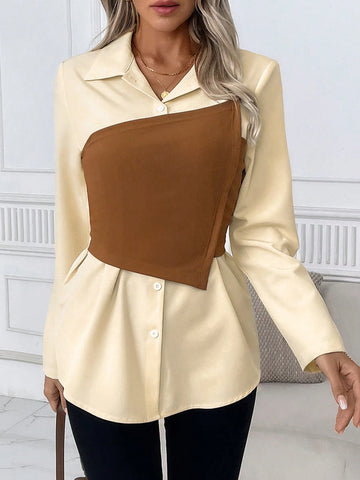 Women's Long-Sleeved Apricot Contrasting Brown Tube Top 2 In 1 Shirt