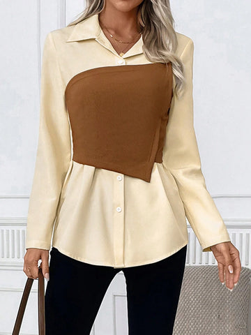 Women's Long-Sleeved Apricot Contrasting Brown Tube Top 2 In 1 Shirt