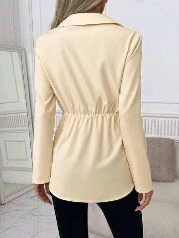 Women's Long-Sleeved Apricot Contrasting Brown Tube Top 2 In 1 Shirt