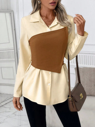Women's Long-Sleeved Apricot Contrasting Brown Tube Top 2 In 1 Shirt
